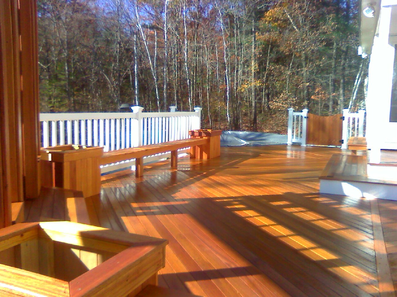 Mahogany Floor with Pergola and Hot Tub:  Vinyl Rails & Above Ground Pool;  Custom Benches, Flower Planters, & Gates (Townsend)