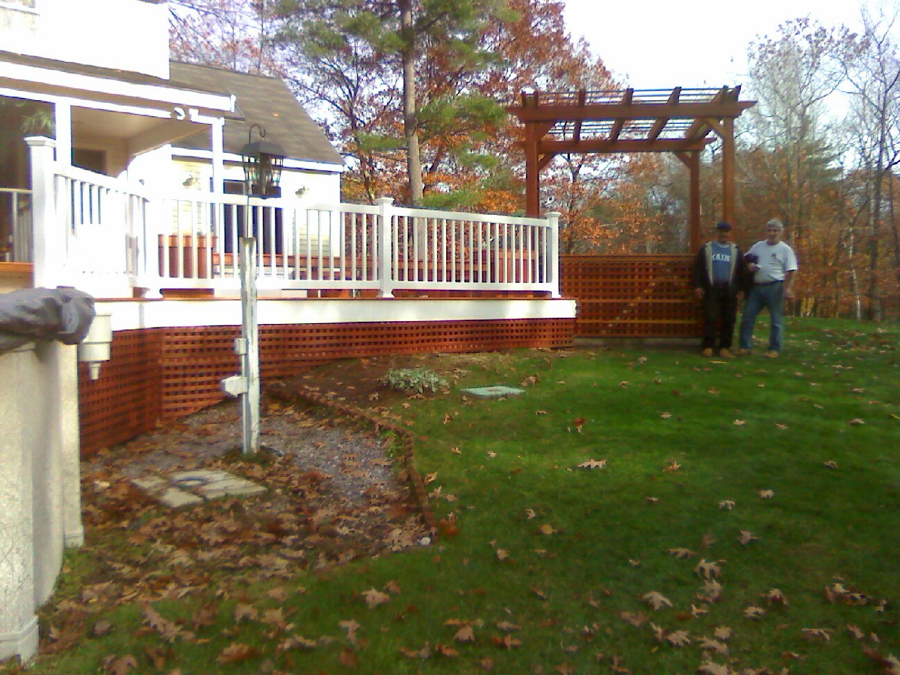 Mahogany Floor with Pergola and Hot Tub:  Vinyl Rails & Above Ground Pool;  Custom Benches, Flower Planters, & Gates (Townsend)